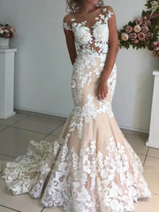 Lace Applique Champagne Mermaid Wedding Dresses Open Back VW1337