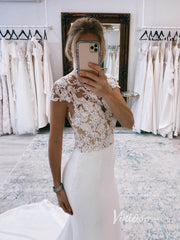 Lace Appliqued Satin Modern Wedding Dresses Cap Sleeve VW2145