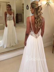 Long Chiffon Beach Wedding Dresses V Neck Lace Bodice VW1206