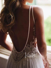Long Chiffon Beach Wedding Dresses V Neck Lace Bodice VW1206