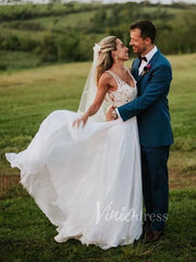 Long Chiffon Beach Wedding Dresses V Neck Lace Bodice VW1206