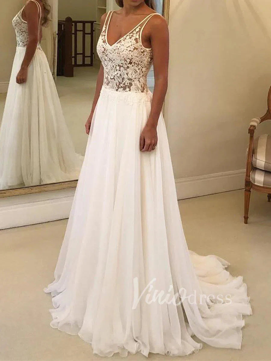 Long Chiffon Beach Wedding Dresses V Neck Lace Bodice VW1206