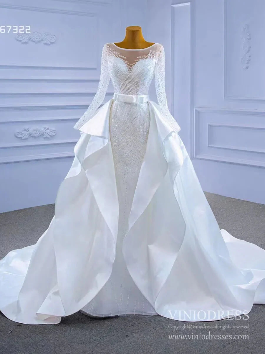 Long Sleeve Beaded Wedding Dresses with Satin Overskirt Detachable 67322