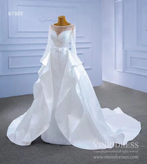Long Sleeve Beaded Wedding Dresses with Satin Overskirt Detachable 67322