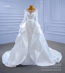 Long Sleeve Beaded Wedding Dresses with Satin Overskirt Detachable 67322
