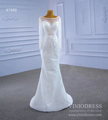 Long Sleeve Beaded Wedding Dresses with Satin Overskirt Detachable 67322