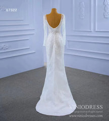 Long Sleeve Beaded Wedding Dresses with Satin Overskirt Detachable 67322