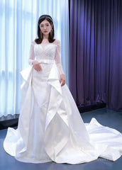 Long Sleeve Beaded Wedding Dresses with Satin Overskirt Detachable 67322