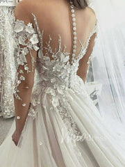 Long Sleeve Champagne Wedding Dresses with 3D Lace Appliqués VW1215