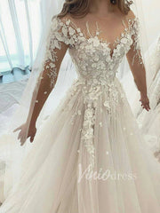 Long Sleeve Champagne Wedding Dresses with 3D Lace Appliqués VW1215