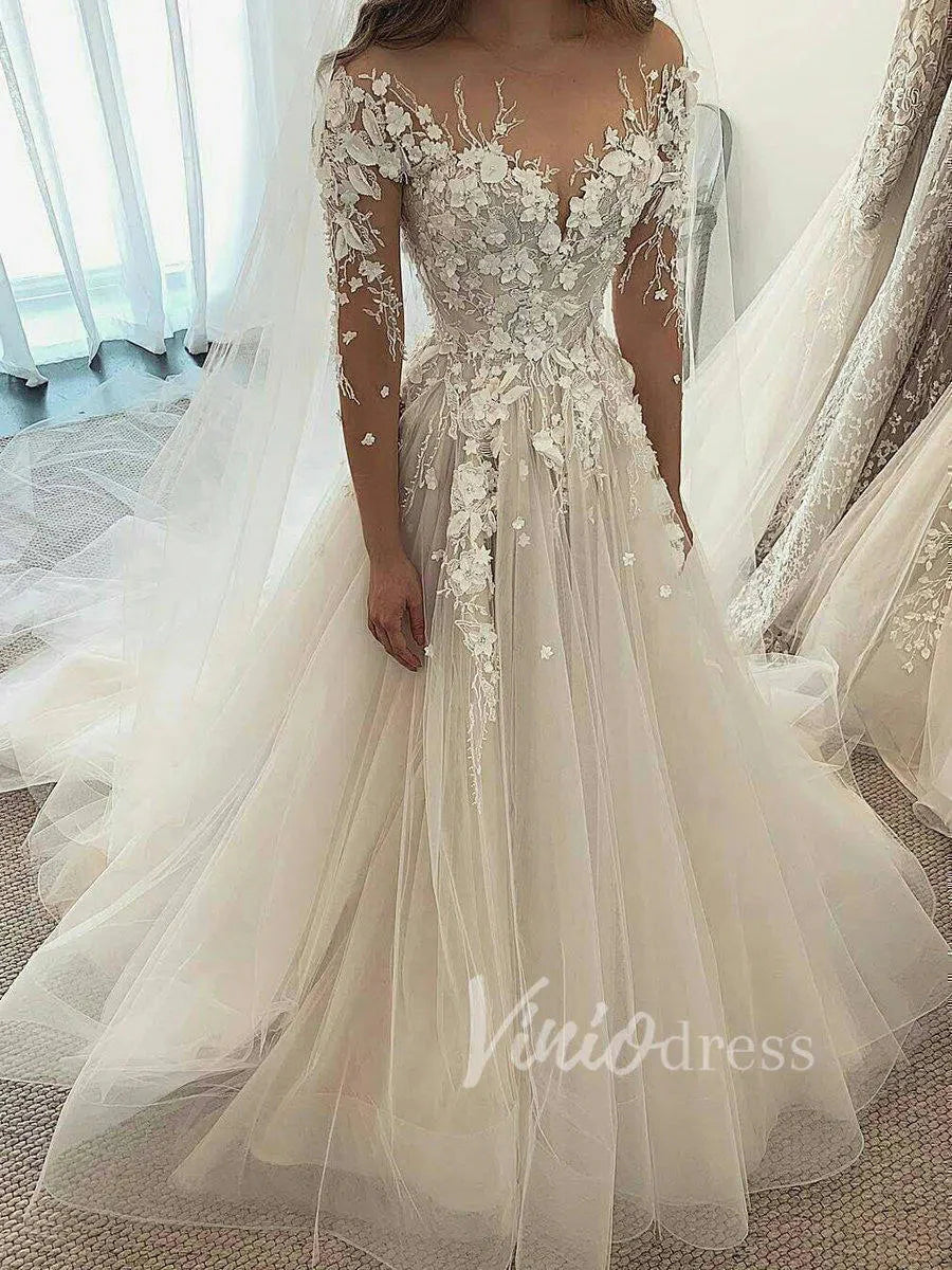 Long Sleeve Champagne Wedding Dresses with 3D Lace Appliqués VW1215