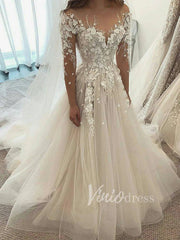 Long Sleeve Champagne Wedding Dresses with 3D Lace Appliqués VW1215