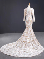 Long Sleeve Floral Lace Mermaid Wedding Dresses Champagne Trumpet Dress VW1523