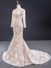 Long Sleeve Floral Lace Mermaid Wedding Dresses Champagne Trumpet Dress VW1523