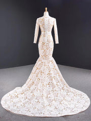 Long Sleeve Floral Lace Mermaid Wedding Dresses Champagne Trumpet Dress VW1523