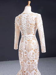 Long Sleeve Floral Lace Mermaid Wedding Dresses Champagne Trumpet Dress VW1523