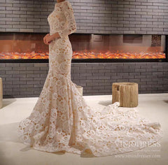 Long Sleeve Floral Lace Mermaid Wedding Dresses Champagne Trumpet Dress VW1523