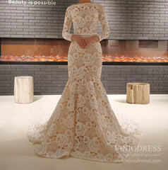 Long Sleeve Floral Lace Mermaid Wedding Dresses Champagne Trumpet Dress VW1523