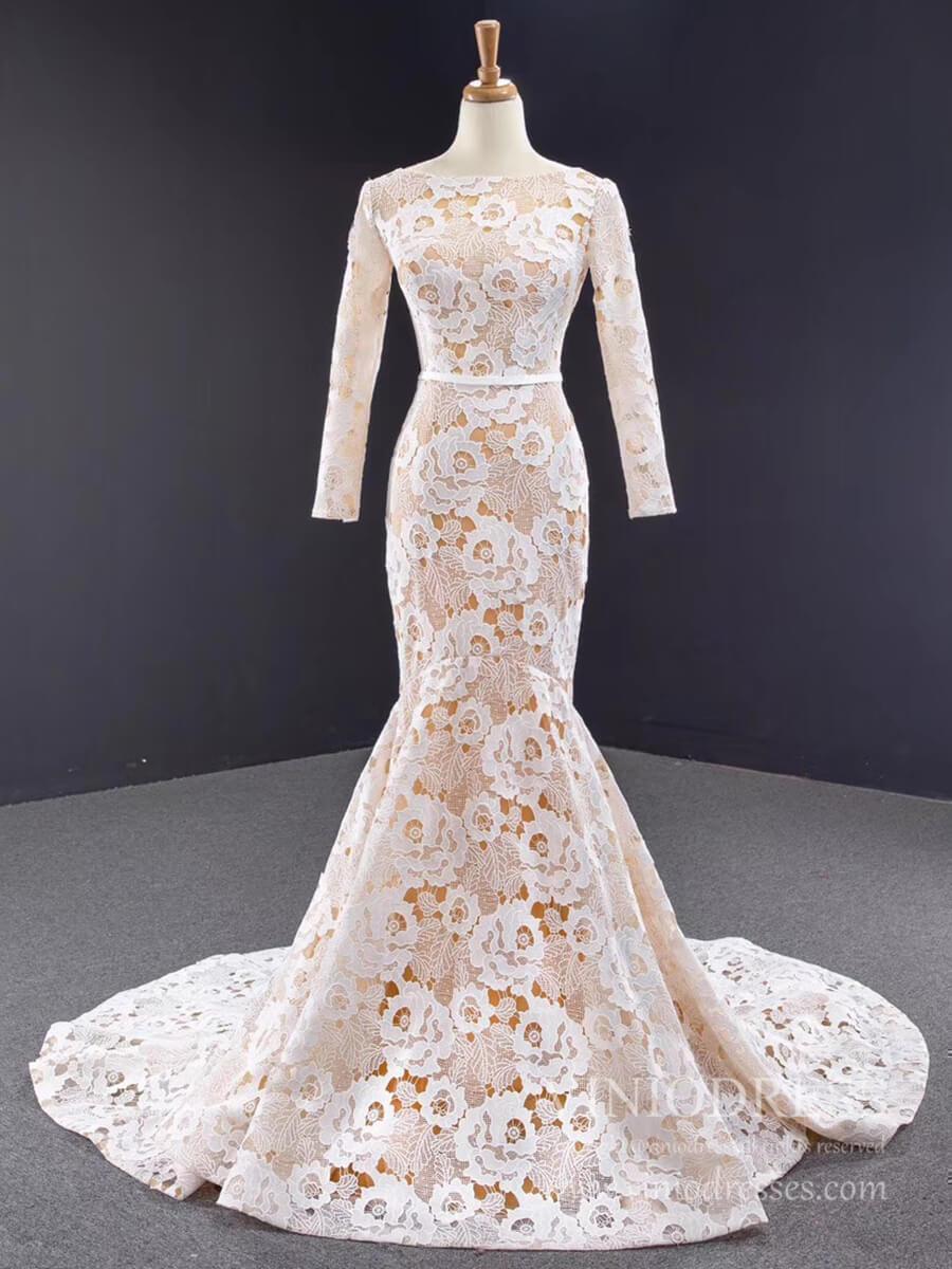Long Sleeve Floral Lace Mermaid Wedding Dresses Champagne Trumpet Dress VW1523