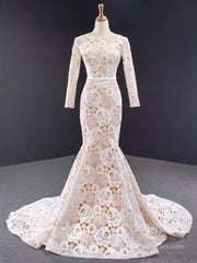 Long Sleeve Floral Lace Mermaid Wedding Dresses Champagne Trumpet Dress VW1523