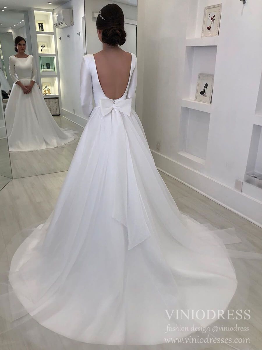 Long Sleeve Minimalist Wedding Dresses Satin Tulle Bridal Gown with Bow VW1538