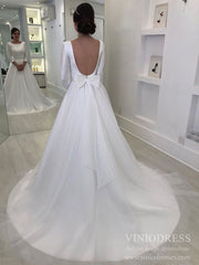 Long Sleeve Minimalist Wedding Dresses Satin Tulle Bridal Gown with Bow VW1538