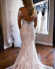 Long Sleeve Modern Lace Mermaid Wedding Dress with Long Train VW2117