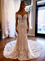 Long Sleeve Modern Lace Mermaid Wedding Dress with Long Train VW2117