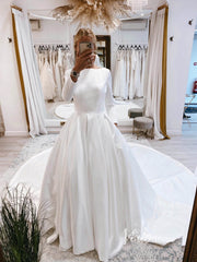 Long Sleeve Satin Wedding Gowns Backless Cathedral Train Bridal Dress VW1398B