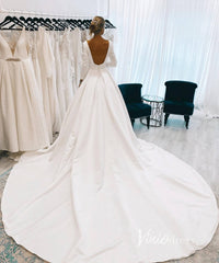 Long Sleeve Satin Wedding Gowns Backless Cathedral Train Bridal Dress VW1398B