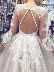 Long Sleeve V Neck Champagne Wedding Dresses Open Back VW1419