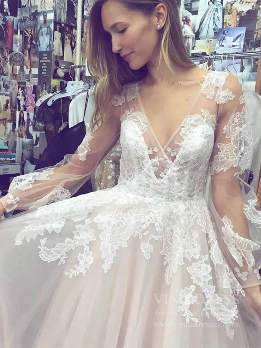 Long Sleeve V Neck Champagne Wedding Dresses Open Back VW1419