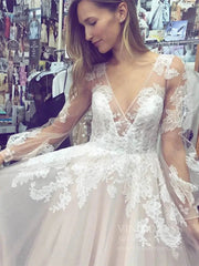 Long Sleeve V Neck Champagne Wedding Dresses Open Back VW1419