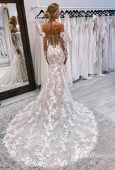 Mermaid Lace Wedding Dress Off the Shoulder Long Sleeve Beach Wedding VW2122