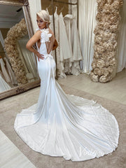Mermaid Satin Wedding Dresses Spaghetti Strap Plunging V-neck VW2083