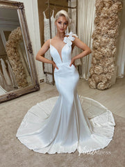 Mermaid Satin Wedding Dresses Spaghetti Strap Plunging V-neck VW2083