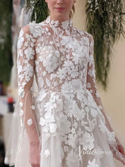 Modest 3D Floral Wedding Dresses High Neck Long Sleeve Celebrity Bridal Dress VW21241