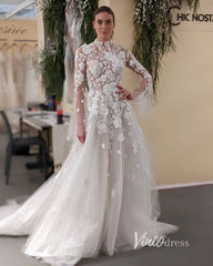 Modest 3D Floral Wedding Dresses High Neck Long Sleeve Celebrity Bridal Dress VW21241