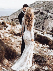 Nude Lace Boho Mermaid Wedding Dresses with Long Sleeves VW1438