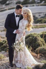 Nude Lace Boho Mermaid Wedding Dresses with Long Sleeves VW1438