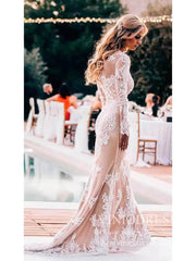 Nude Lace Boho Mermaid Wedding Dresses with Long Sleeves VW1438