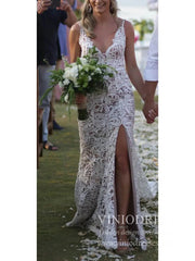Nude Spaghetti Strap Lace Beach Wedidng Dresses with Side Slit VW1440