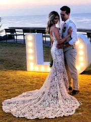 Nude Spaghetti Strap Lace Beach Wedidng Dresses with Side Slit VW1440