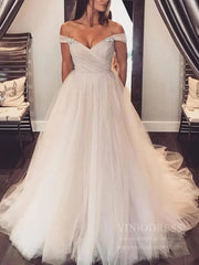 Off the Shoulder Blush Wedding Dresses with Full Tulle Skirt VW1417