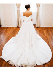 Off the Shoulder Cathedral Wedding Dresses Modest Satin Royal Wedding Gowns VW1826