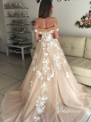 Off the Shoulder Floral Champagne Modern Wedding Dresses VW1368