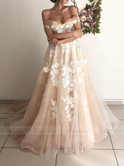 Off the Shoulder Floral Champagne Modern Wedding Dresses VW1368
