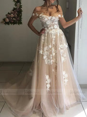 Off the Shoulder Floral Champagne Modern Wedding Dresses VW1368