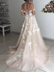 Off the Shoulder Floral Champagne Modern Wedding Dresses VW1368