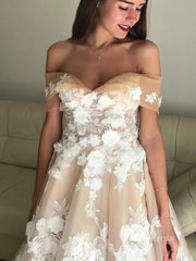 Off the Shoulder Floral Champagne Modern Wedding Dresses VW1368